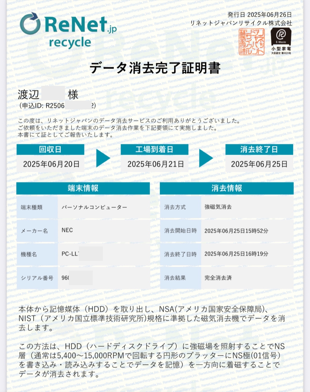 リネットから届いたデータ消去完了証明書